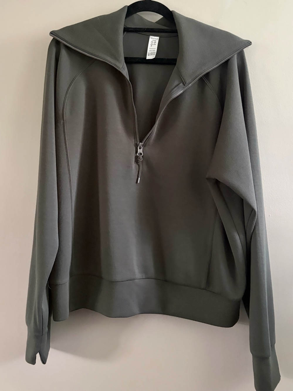 SPANX Quarter Zip Pullover Sweatshirt Olive Green Size Large Super Soft - Picture 2 of 5